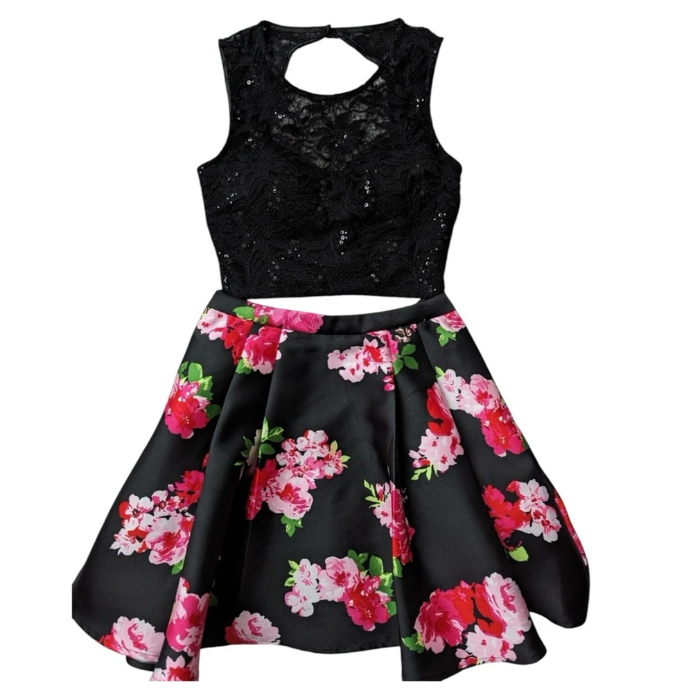 B Darlin 2-Piece Lace Floral Black and Pink Cocktail/Party Dress